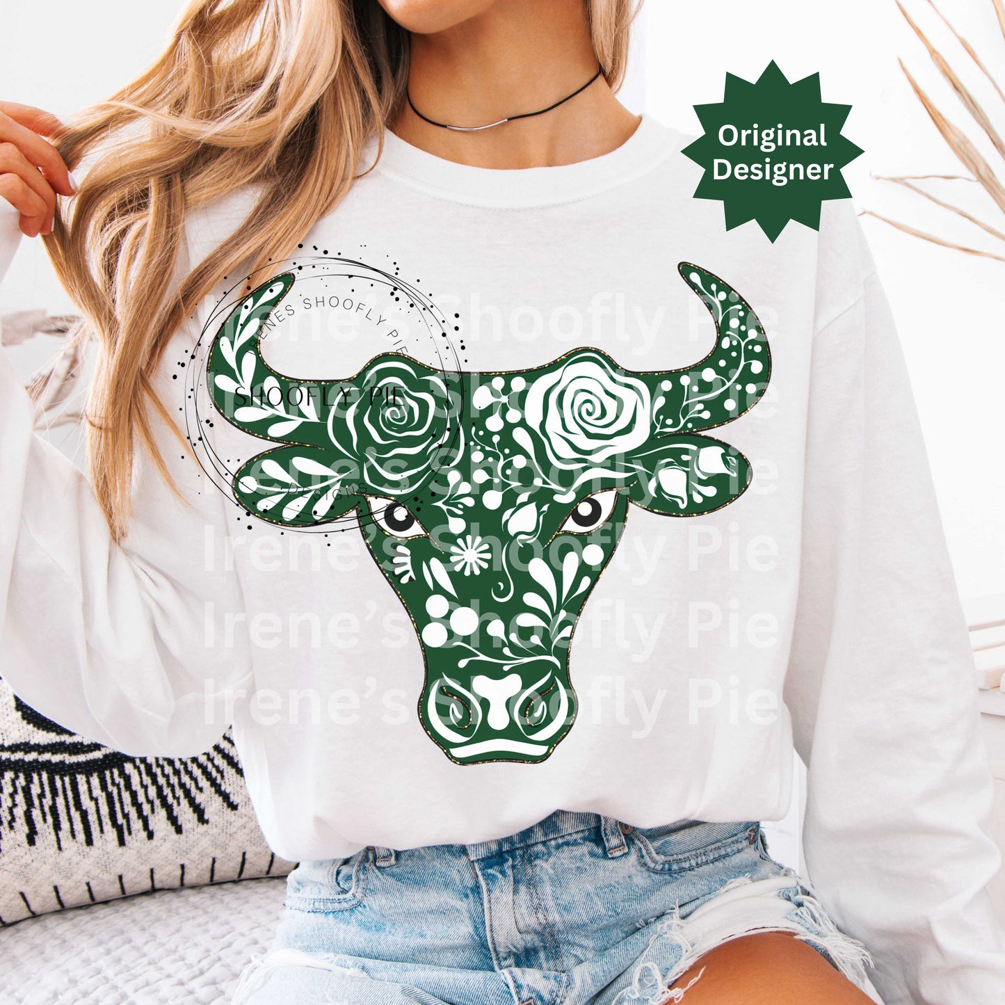 Bull Team Mascot PNG, Forest Green Floral Bull Tshirt Design
