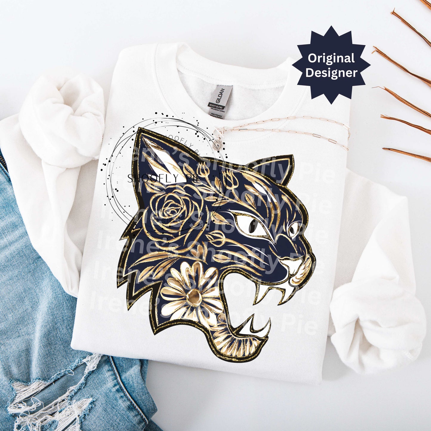 Bobcat Navy and Gold Png, Bobcat Mascot Png, Floral Bobcat T-shirt Design