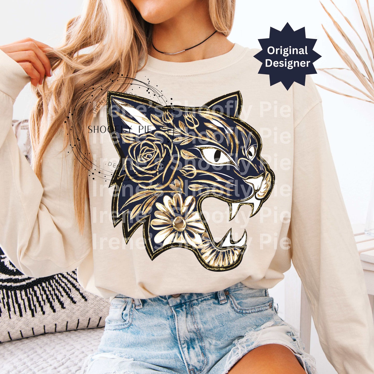 Bobcat Navy and Gold Png, Bobcat Mascot Png, Floral Bobcat T-shirt Design