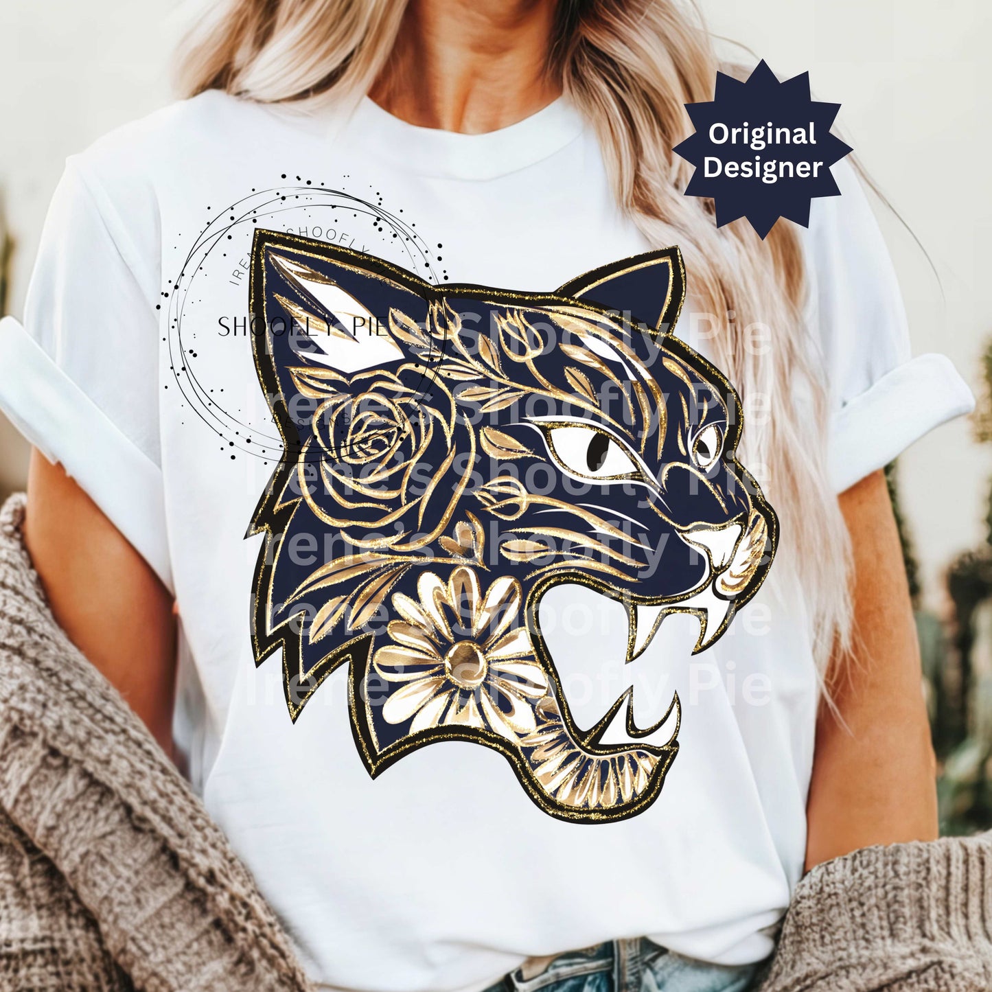 Bobcat Navy and Gold Png, Bobcat Mascot Png, Floral Bobcat T-shirt Design