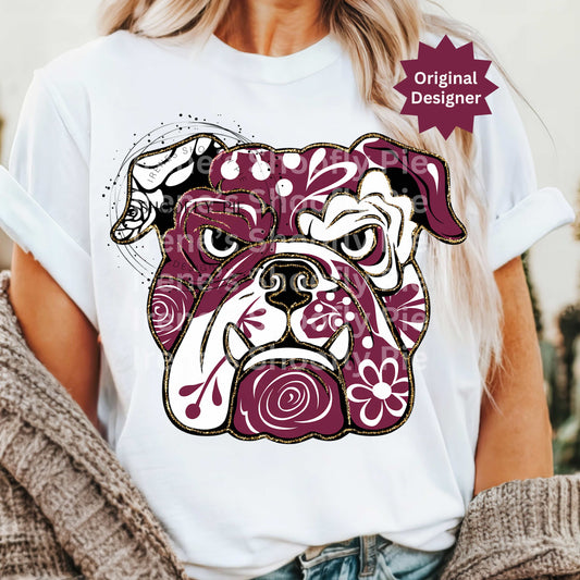Bulldog Game Day Png, Floral Burgundy Bulldog Png