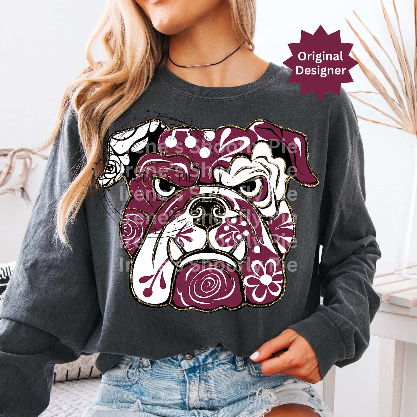 Bulldog Game Day Png, Floral Maroon Bulldog Png