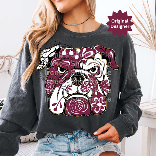 Bulldog Game Day Png, Floral Burgundy Bulldog Png