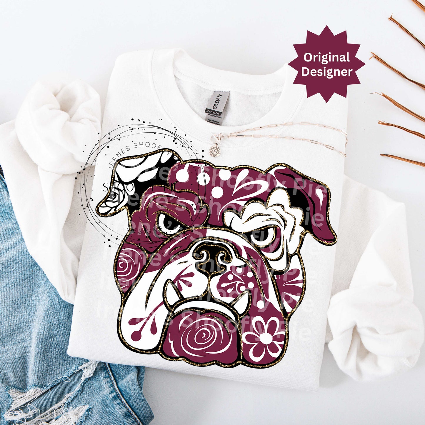 Bulldog Game Day Png, Floral Maroon Bulldog Png