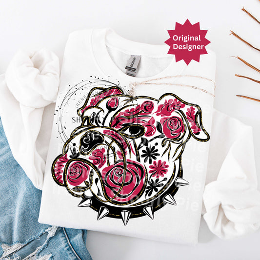 Bulldog Mascot Red and Black PNG, Preppy Floral Bulldog PNG