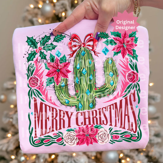 Merry Christmas Cactus PNG | Western Christmas Sublimation Design | Southwest Holiday Shirt Design | Poinsettia Cactus Clipart