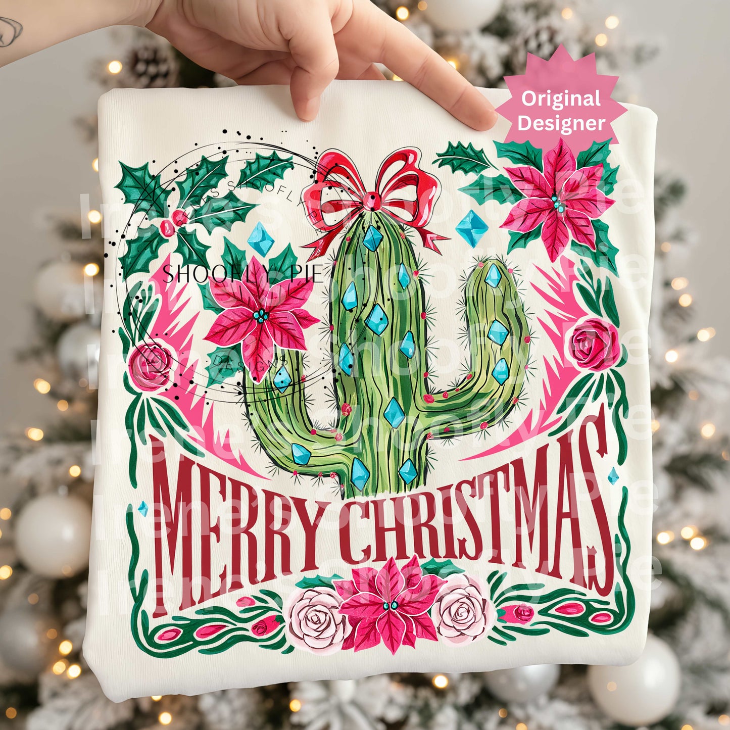 Merry Christmas Cactus PNG | Western Christmas Sublimation Design | Southwest Holiday Shirt Design | Poinsettia Cactus Clipart