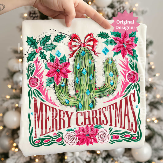 Merry Christmas Cactus PNG | Western Christmas Sublimation Design | Southwest Holiday Shirt Design | Poinsettia Cactus Clipart