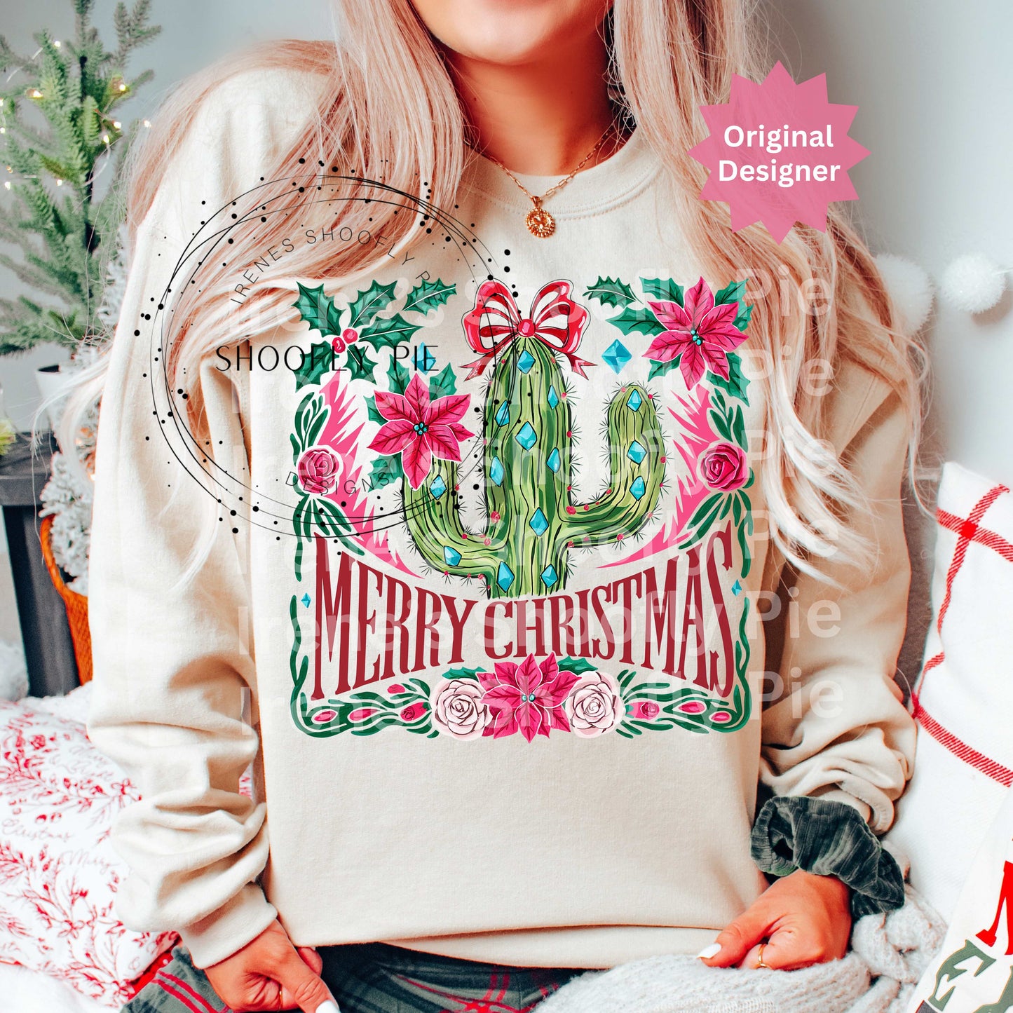 Merry Christmas Cactus PNG | Western Christmas Sublimation Design | Southwest Holiday Shirt Design | Poinsettia Cactus Clipart