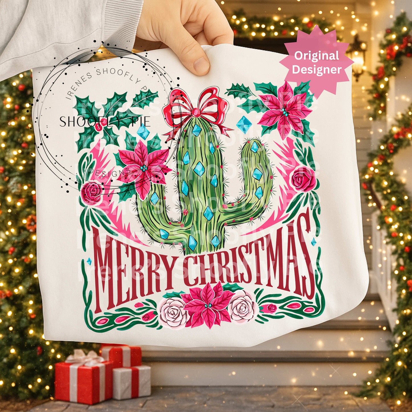 Merry Christmas Cactus PNG | Western Christmas Sublimation Design | Southwest Holiday Shirt Design | Poinsettia Cactus Clipart