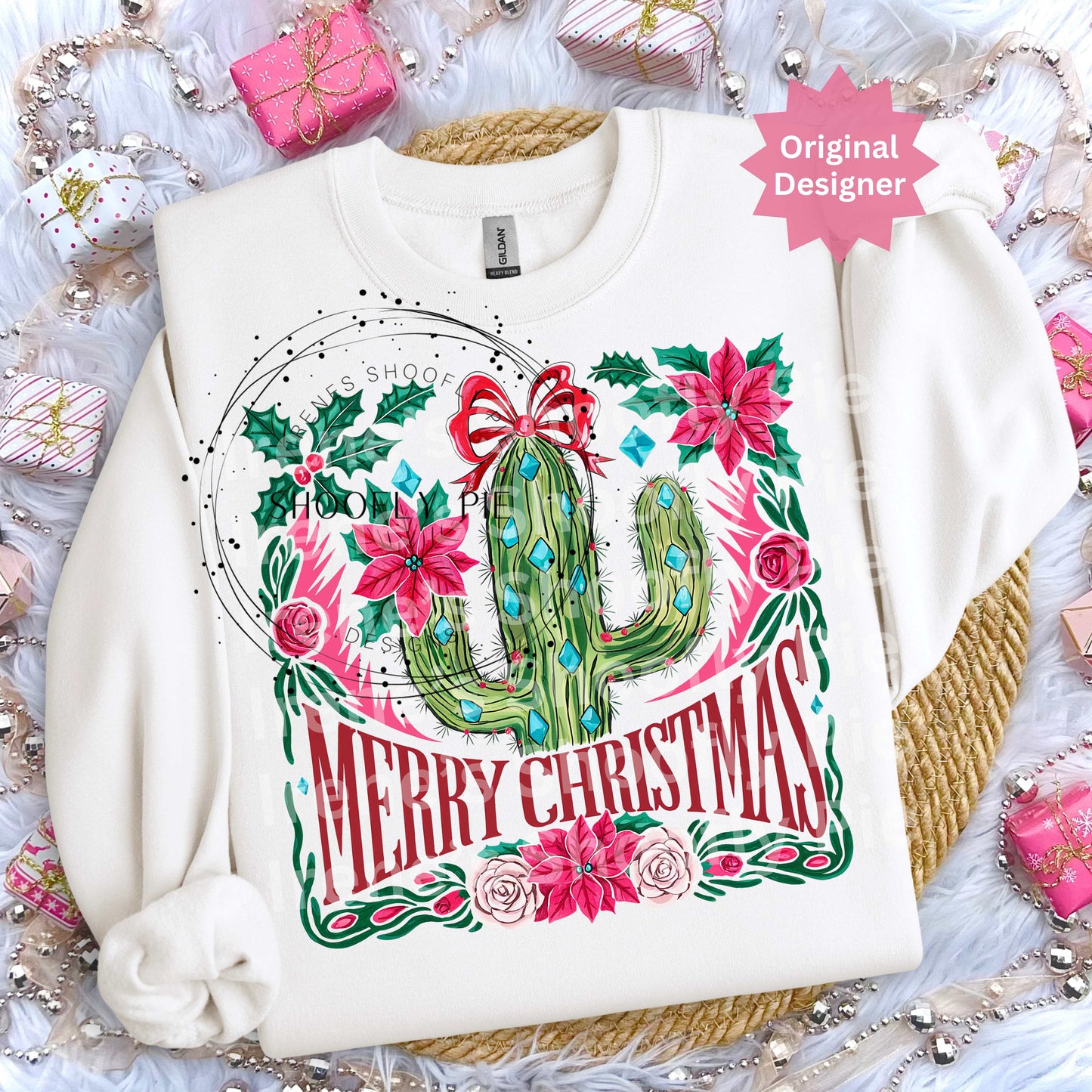 Merry Christmas Cactus PNG | Western Christmas Sublimation Design | Southwest Holiday Shirt Design | Poinsettia Cactus Clipart