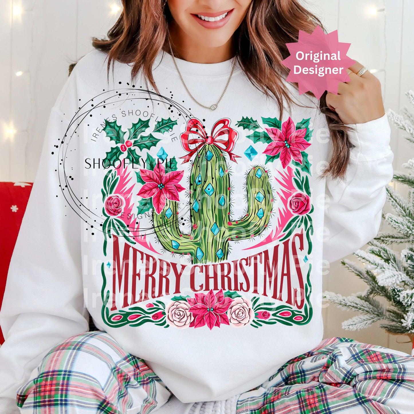 Merry Christmas Cactus PNG | Western Christmas Sublimation Design | Southwest Holiday Shirt Design | Poinsettia Cactus Clipart