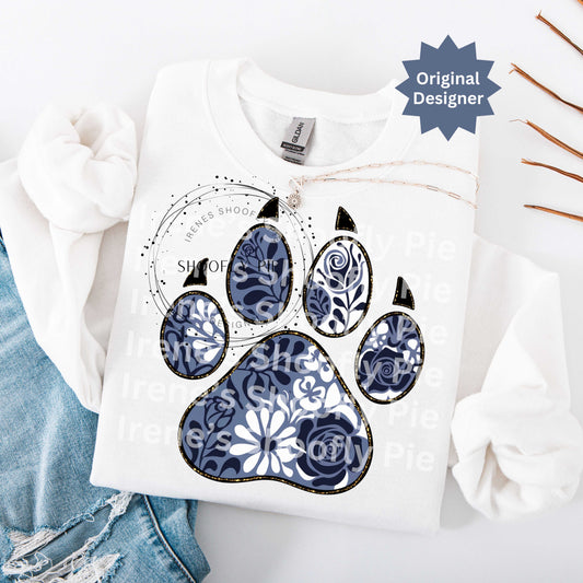Panther Paw PNG, Blue and White Floral Panther Paw, Sports Mascot PNG