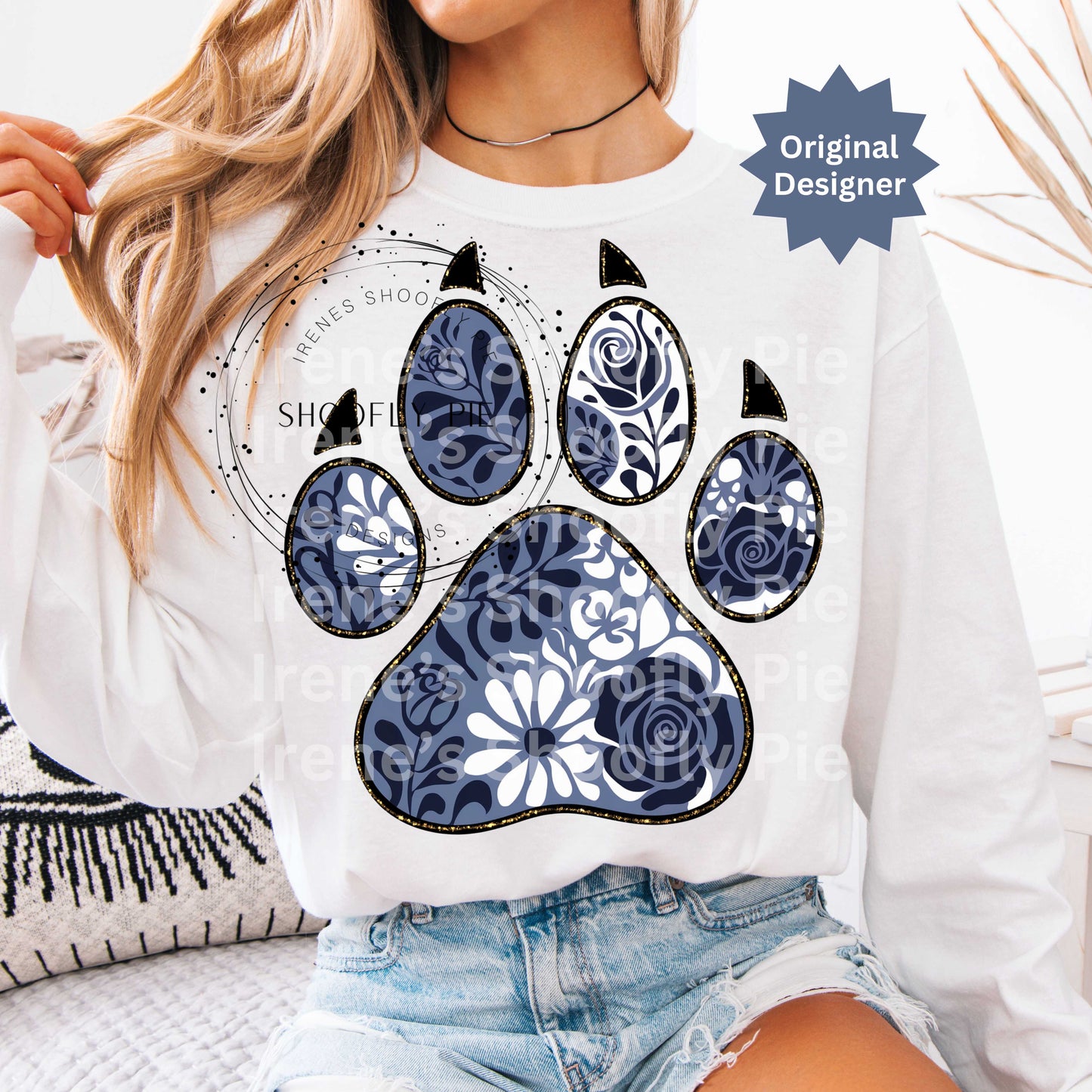 Panther Paw PNG, Blue and White Floral Panther Paw, Sports Mascot PNG