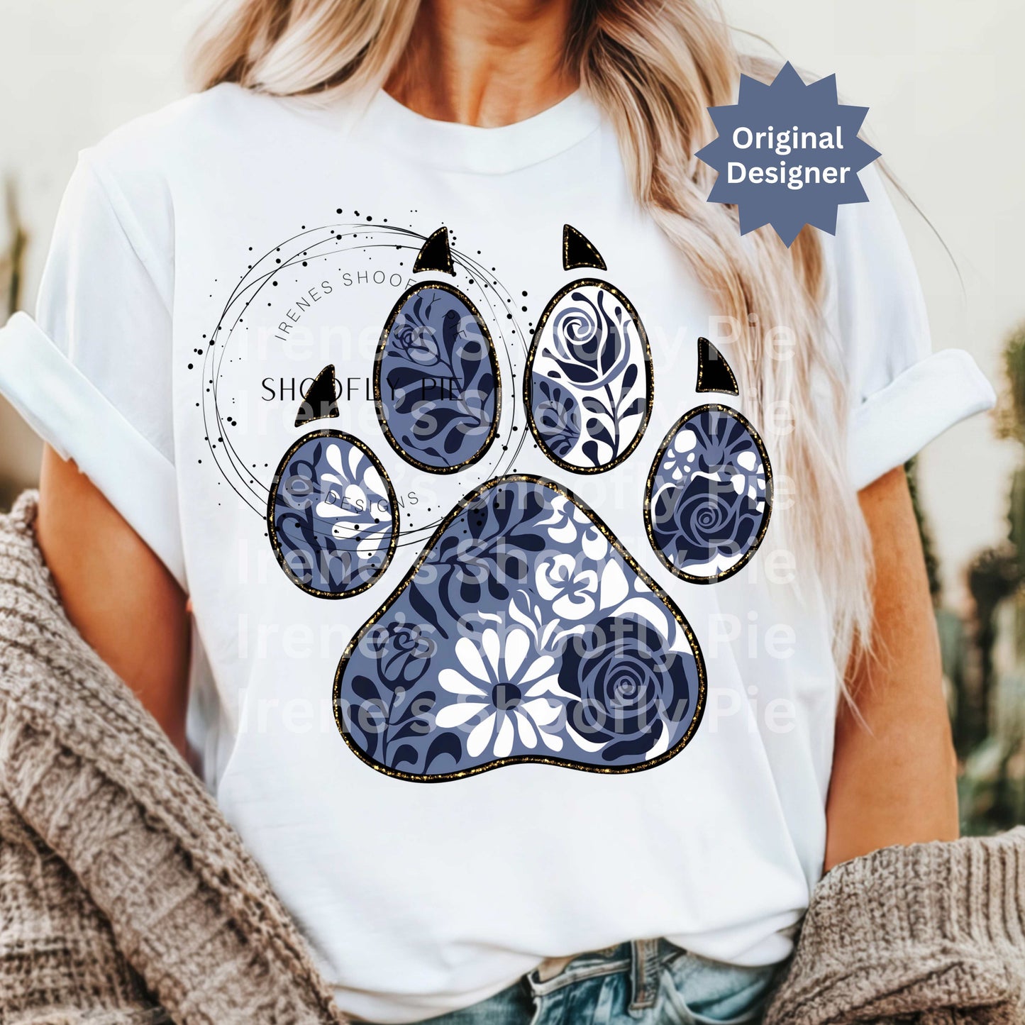 Panther Paw PNG, Blue and White Floral Panther Paw, Sports Mascot PNG