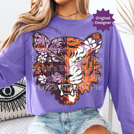 Tiger Sports Mascot PNG, Floral Tiger Orange and Purple PNG