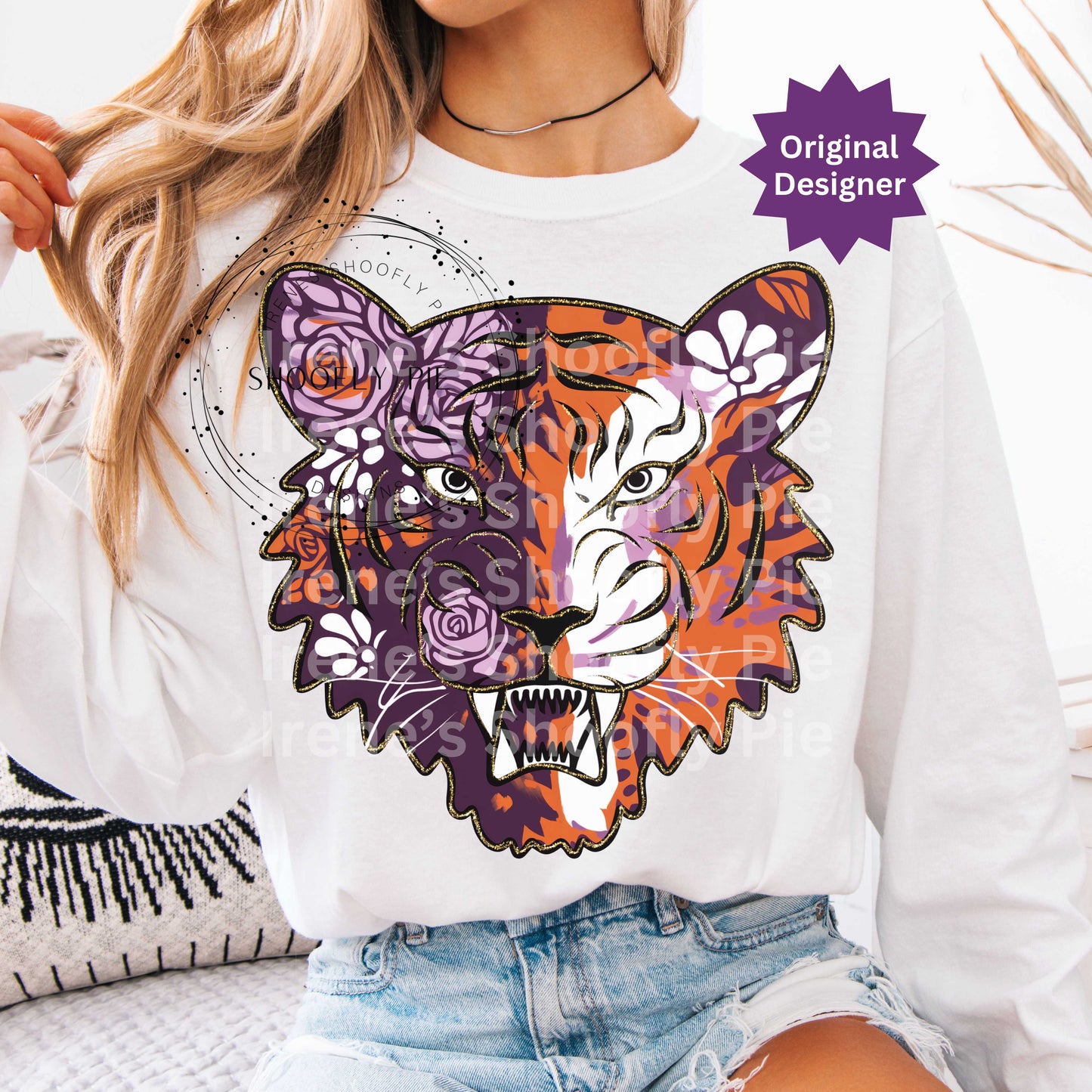Tiger Sports Mascot PNG, Floral Tiger Orange and Purple PNG