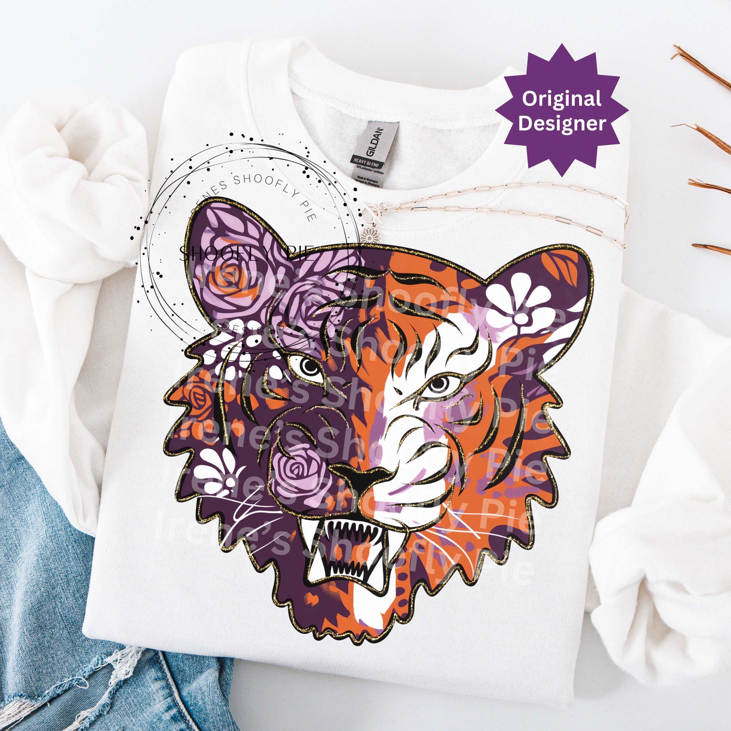 Tiger Sports Mascot PNG, Floral Tiger Orange and Purple PNG