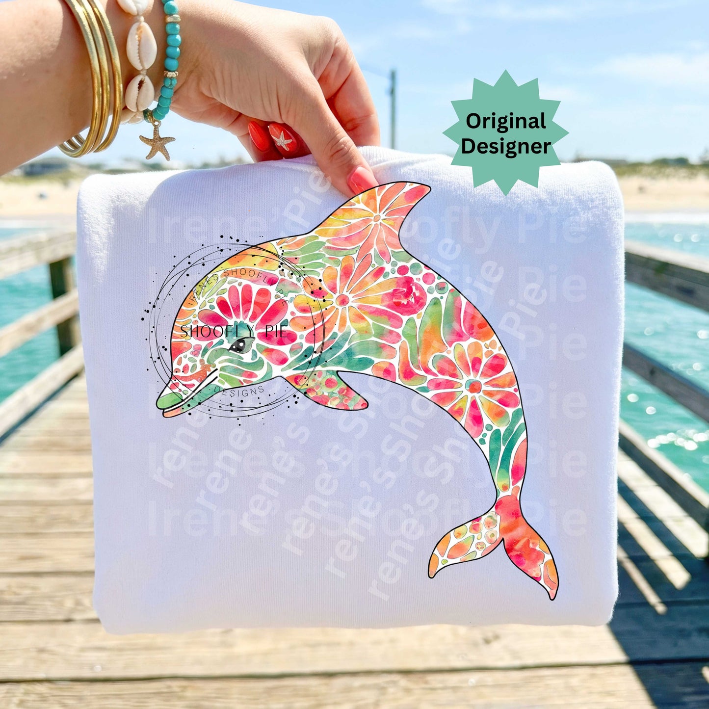 Retro Floral Dolphin PNG