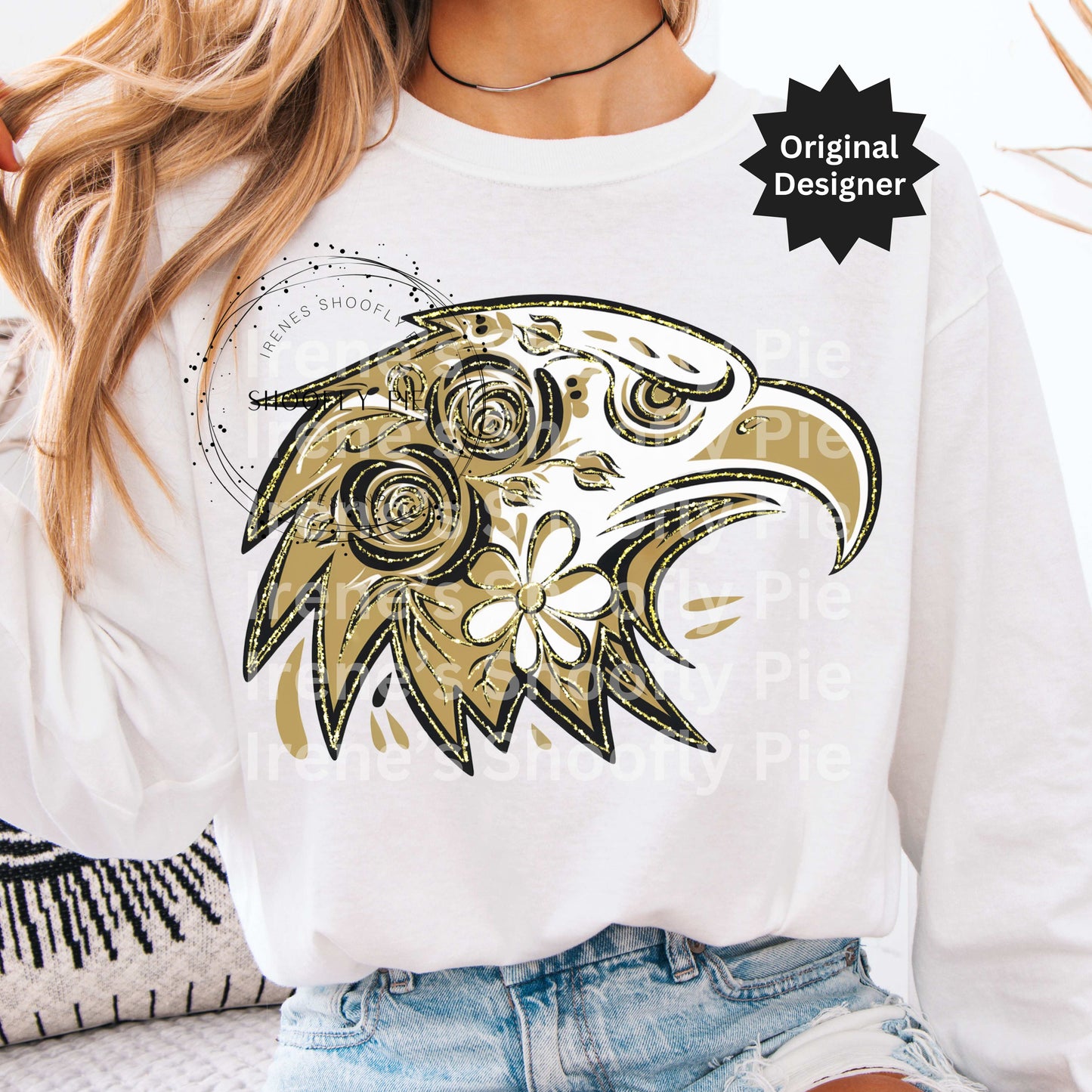Eagle Mascot Png, Eagle Black and Gold PNG, Floral Eagle T-shirt Png