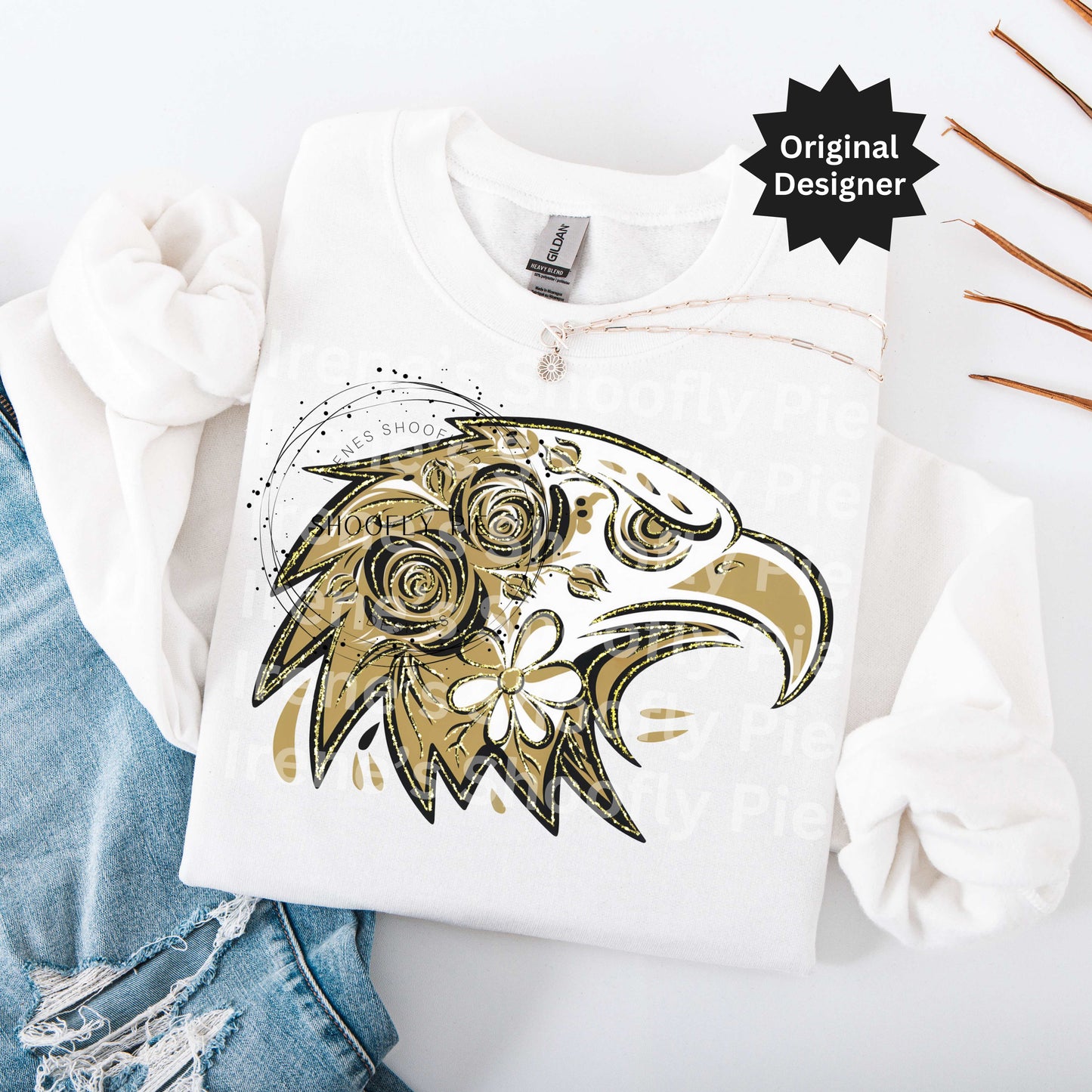 Eagle Mascot Png, Eagle Black and Gold PNG, Floral Eagle T-shirt Png