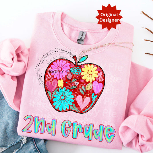 Back To School Floral Apple Second Grade PNG