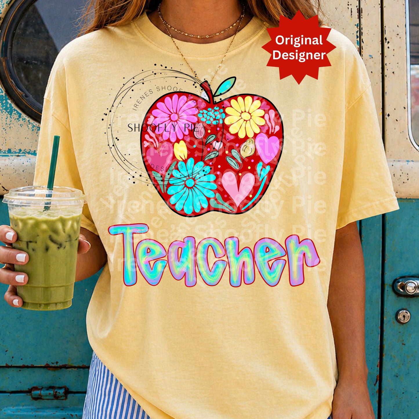 Floral Apple Teacher Back To School T-shirt Design PNG