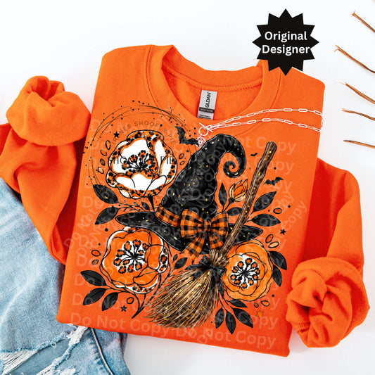 Floral Witch Hat and Broom Halloween PNG