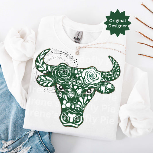 Bull Team Mascot PNG, Forest Green Floral Bull Tshirt Design