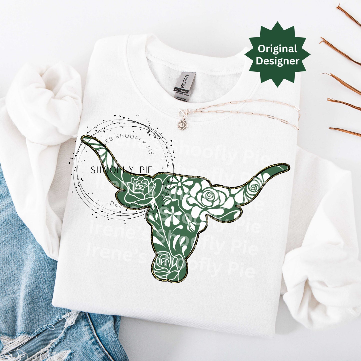 Green Longhorn Mascot, Floral Longhorn Team Mascot T-Shirt Design PNG