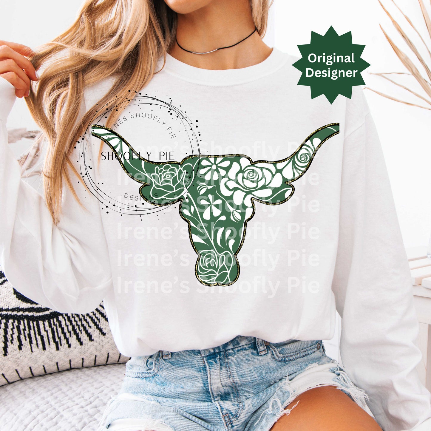 Green Longhorn Mascot, Floral Longhorn Team Mascot T-Shirt Design PNG