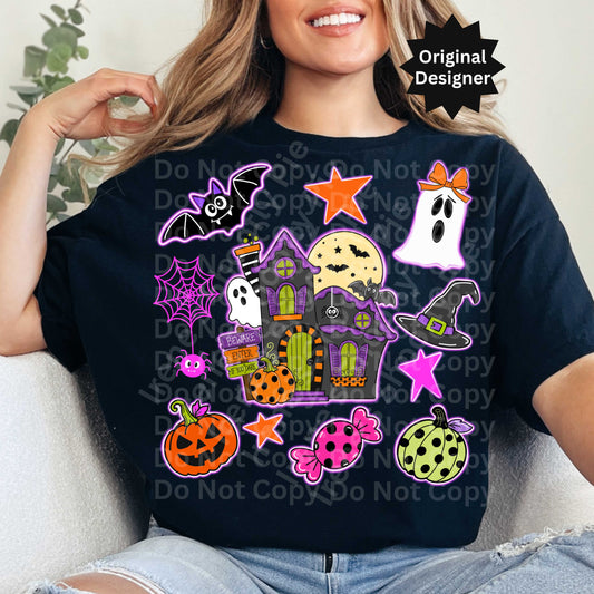 Halloween Collage Haunted House Neon PNG