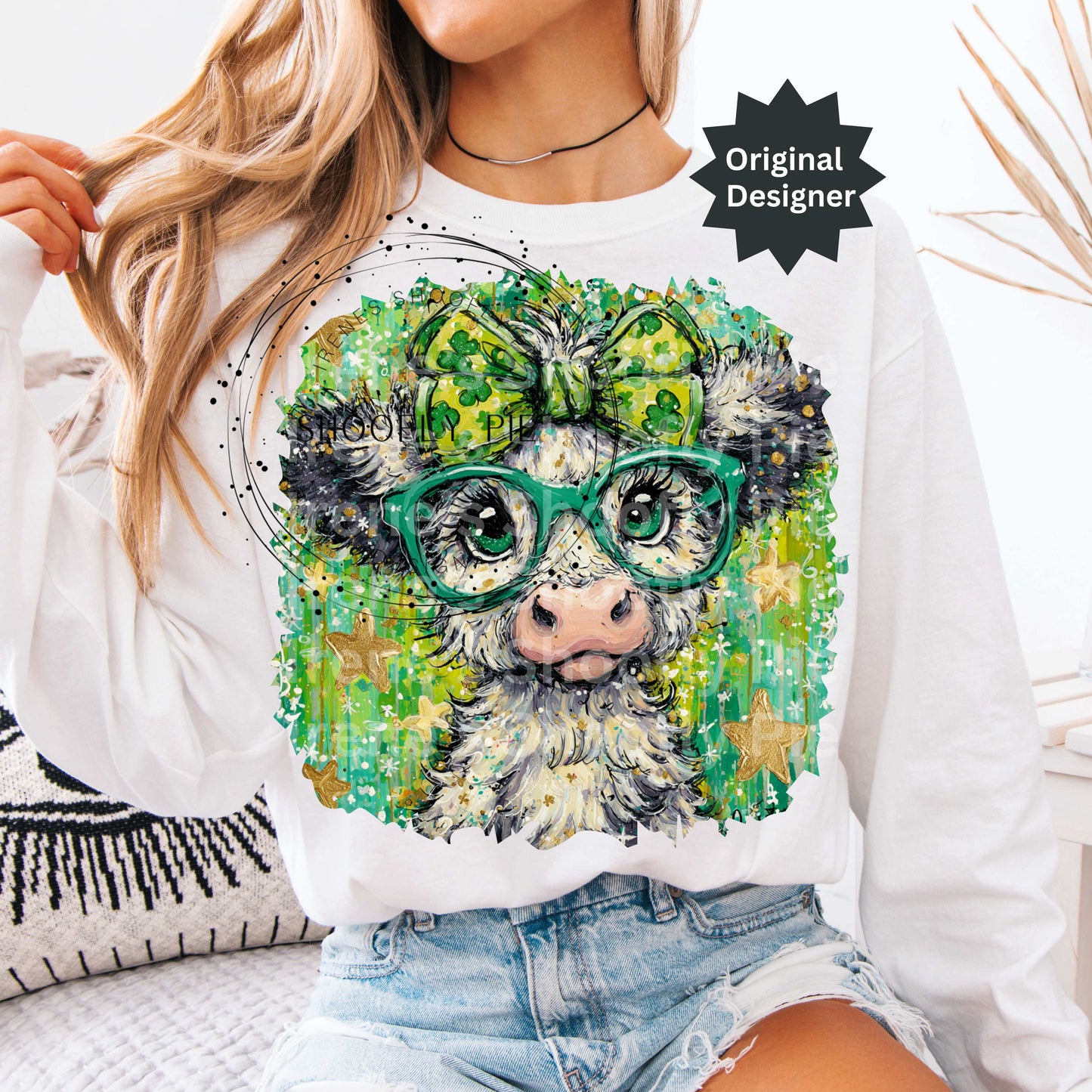 St. Patrick's Day Highland Cow PNG, Hand Painted Cow Design