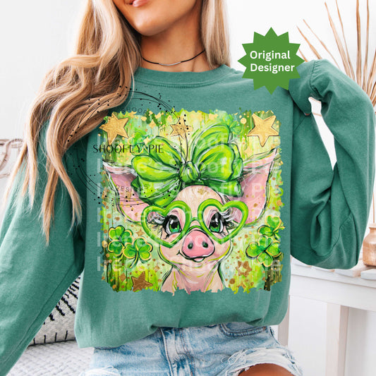 Hand Painted St. Patrick's Day Pig PNG, Preppy Shamrock Pig PNG