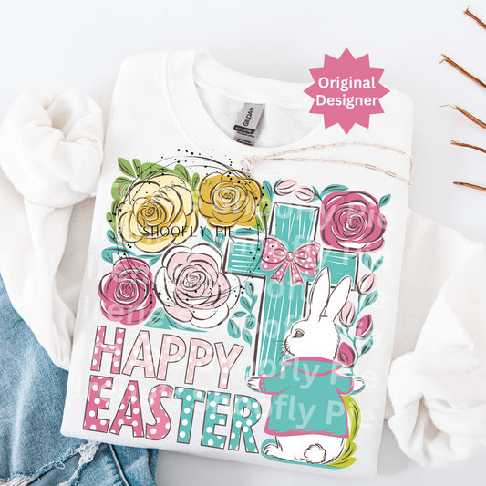 Happy Easter Bunny With Cross Boho Floral Christian PNG