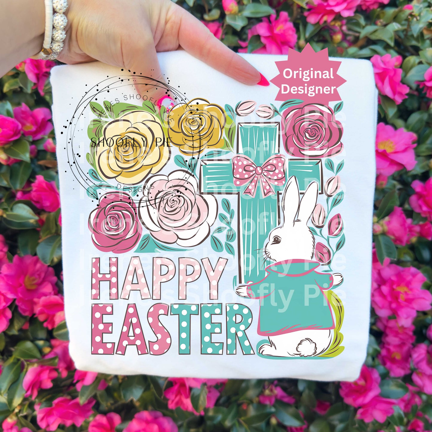 Happy Easter Bunny With Cross Boho Floral Christian PNG