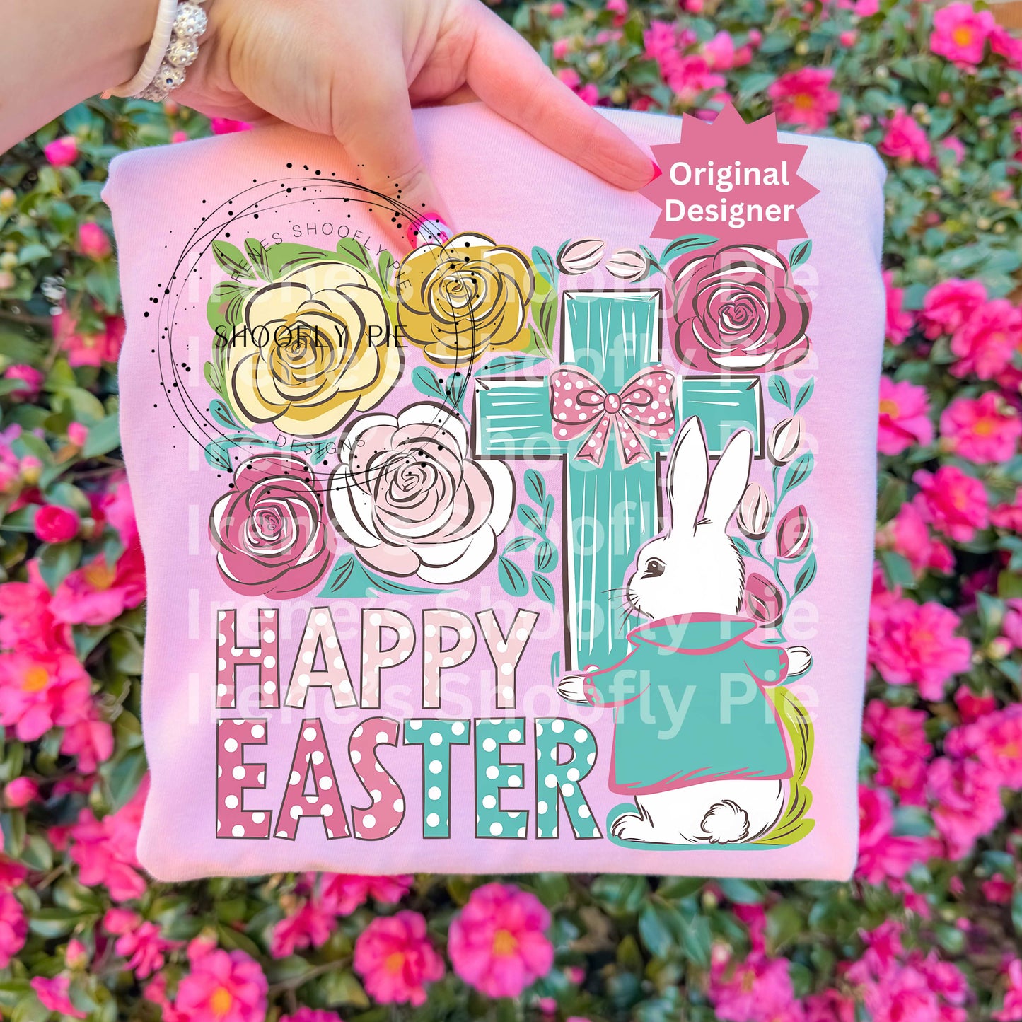 Happy Easter Bunny With Cross Boho Floral Christian PNG