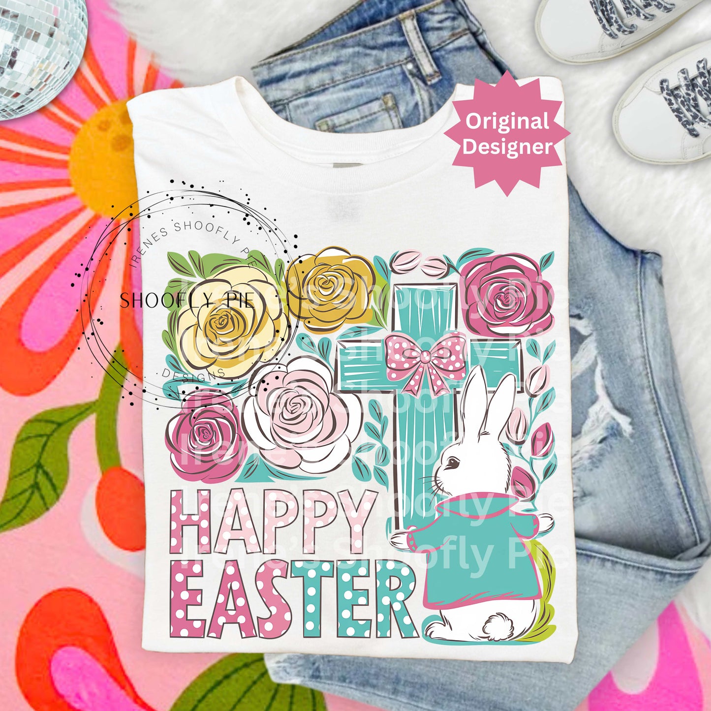 Happy Easter Bunny With Cross Boho Floral Christian PNG