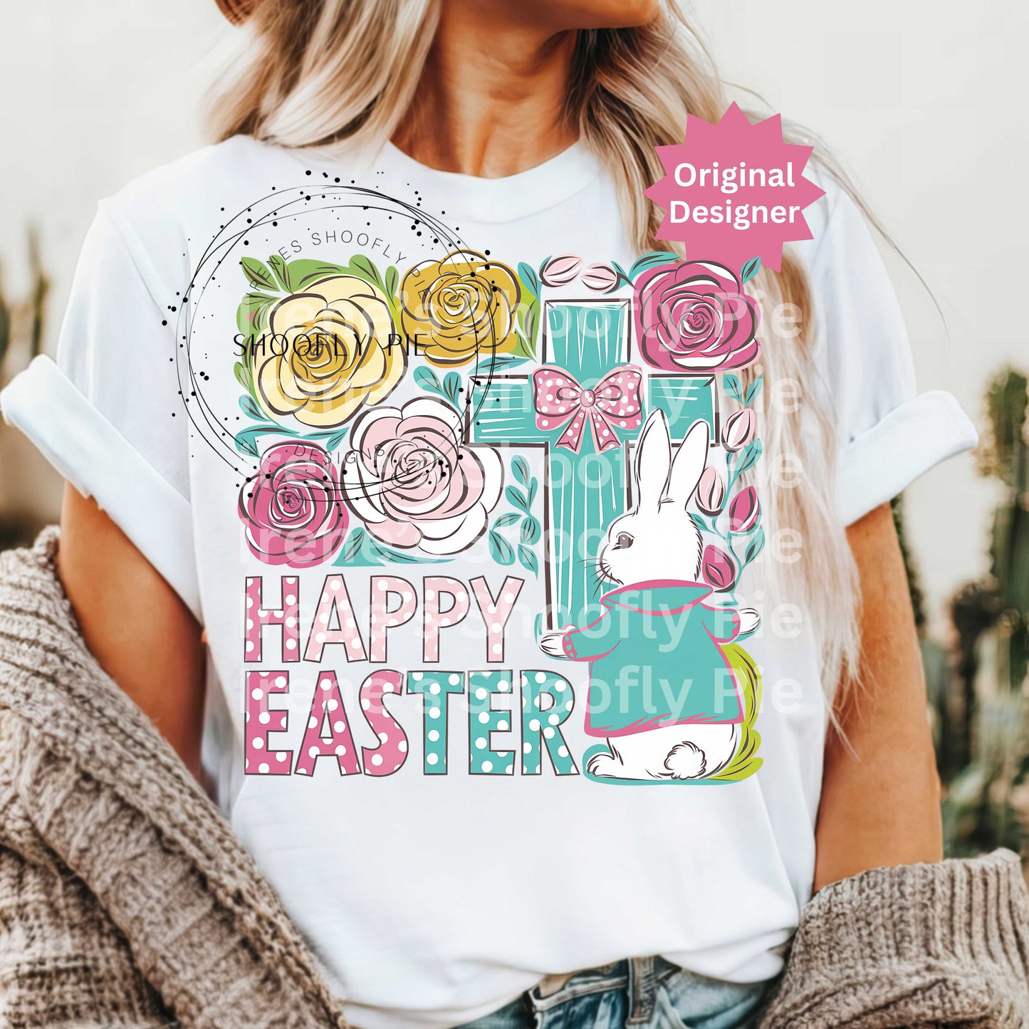 Happy Easter Bunny With Cross Boho Floral Christian PNG