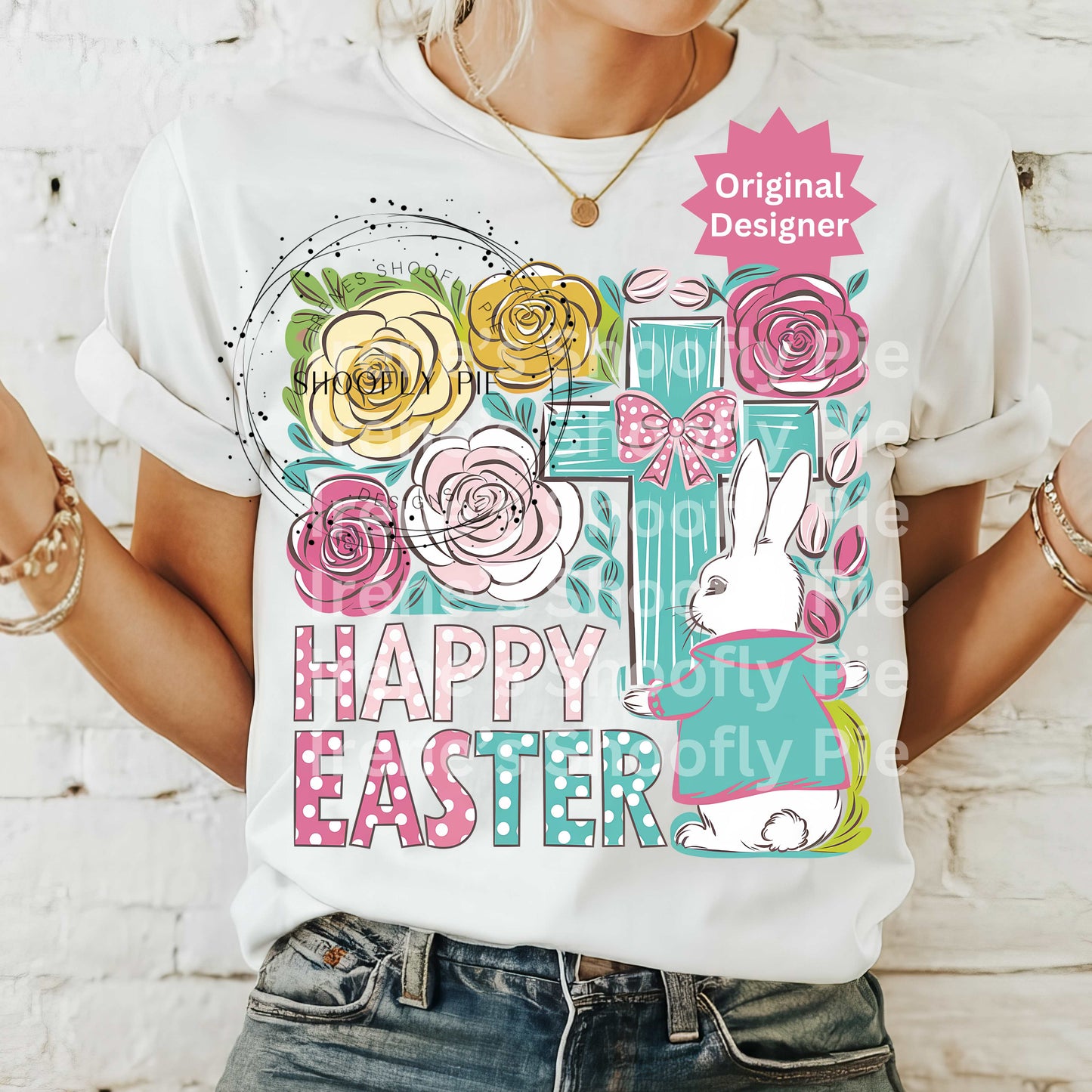 Happy Easter Bunny With Cross Boho Floral Christian PNG
