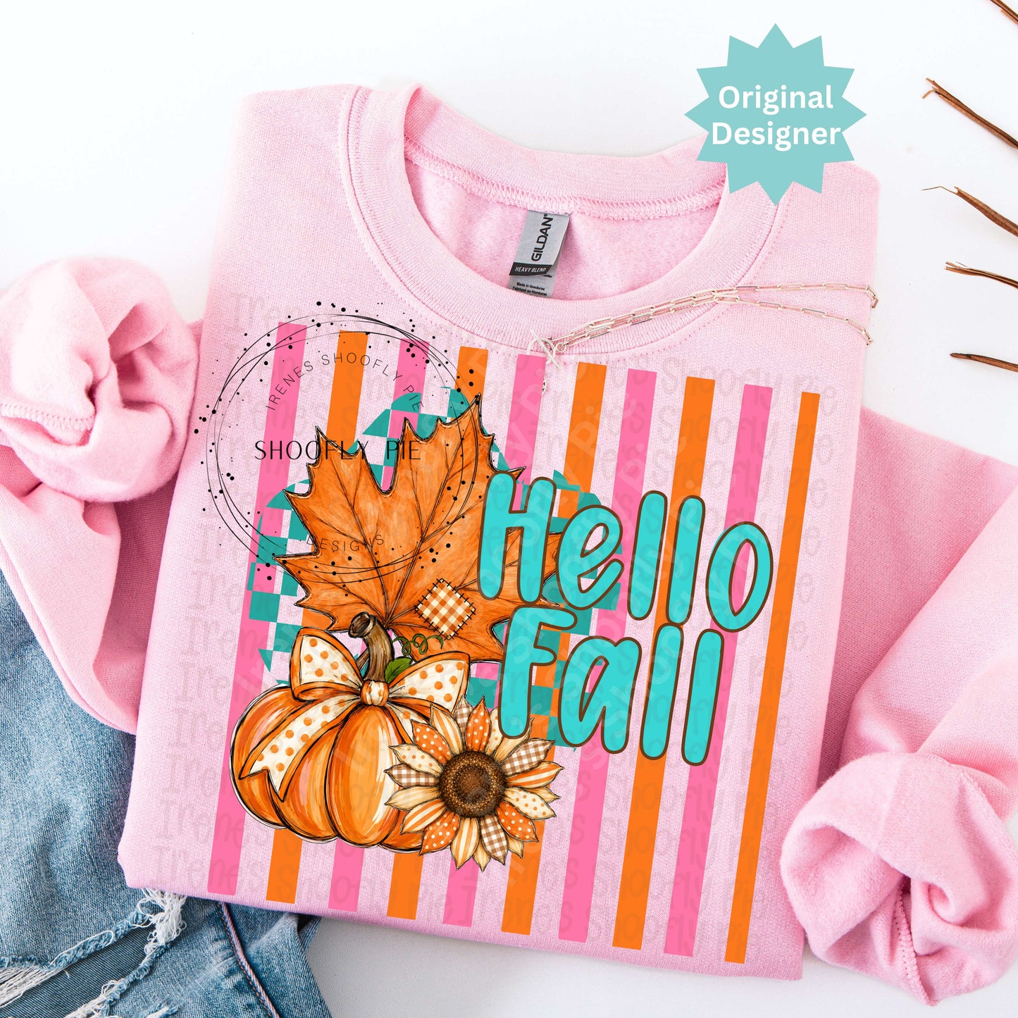 Preppy Striped Hello Fall in Orange PNG