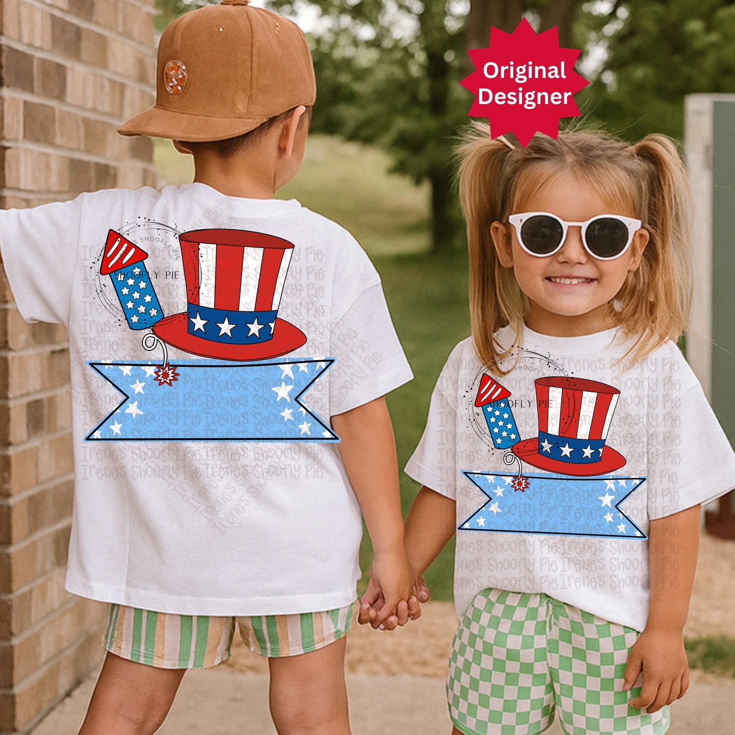 Kids Patriotic Fireworks and Hat Name Tag PNG