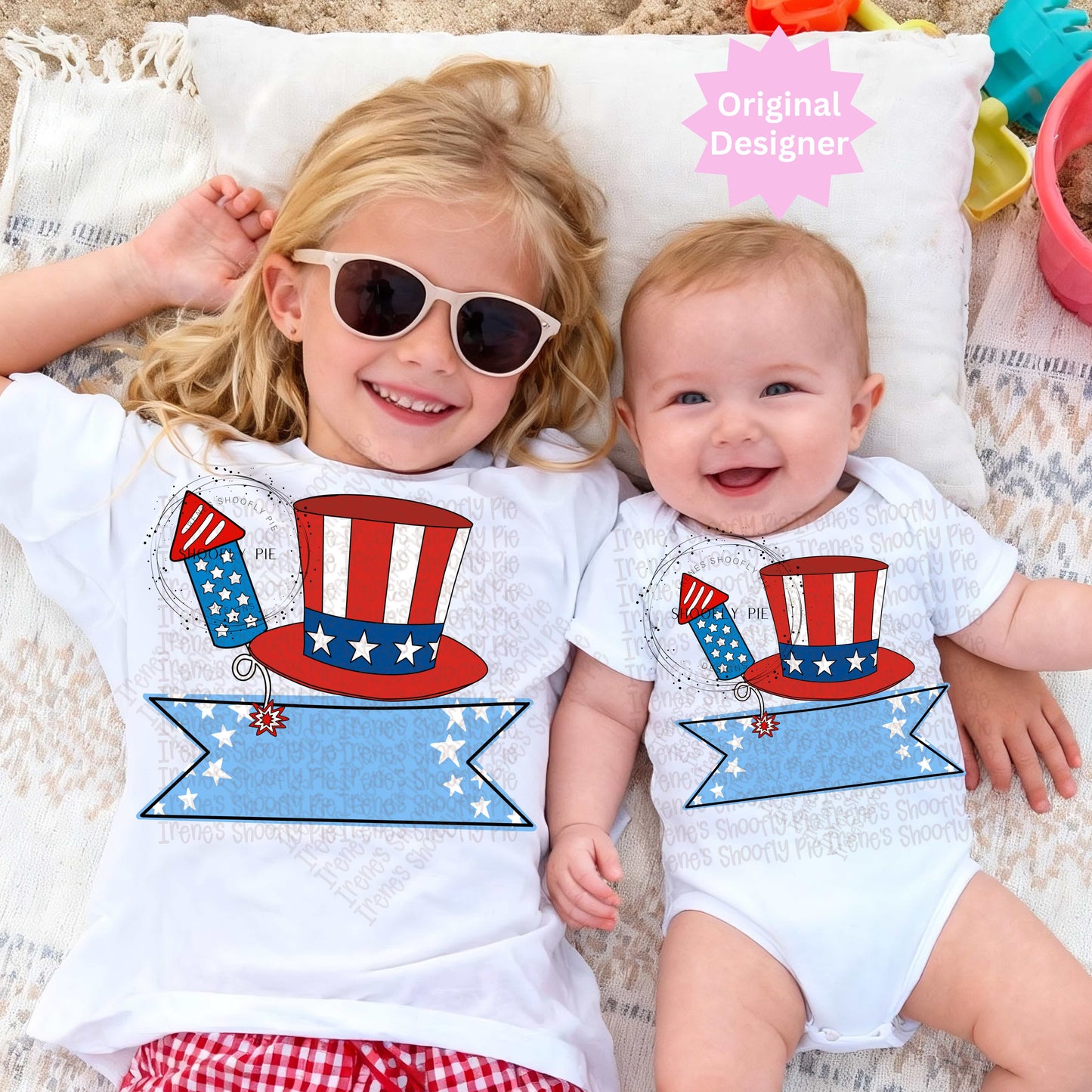 Kids Patriotic Fireworks and Hat Name Tag PNG
