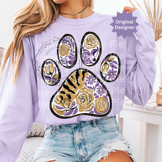 Tiger Paw Purple and Gold PNG, Floral Tiger Paw, Team Mascot Tiger Design
