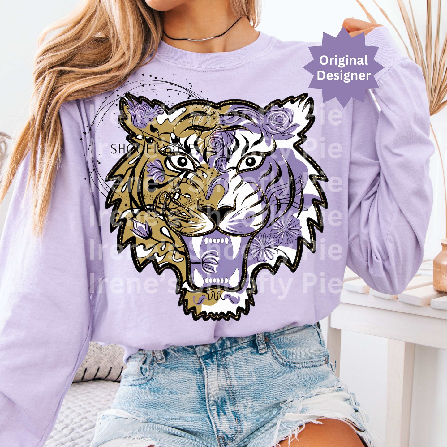Tiger Mascot Purple and Gold PNG, Floral Tiger PNG, School Mascot PNG