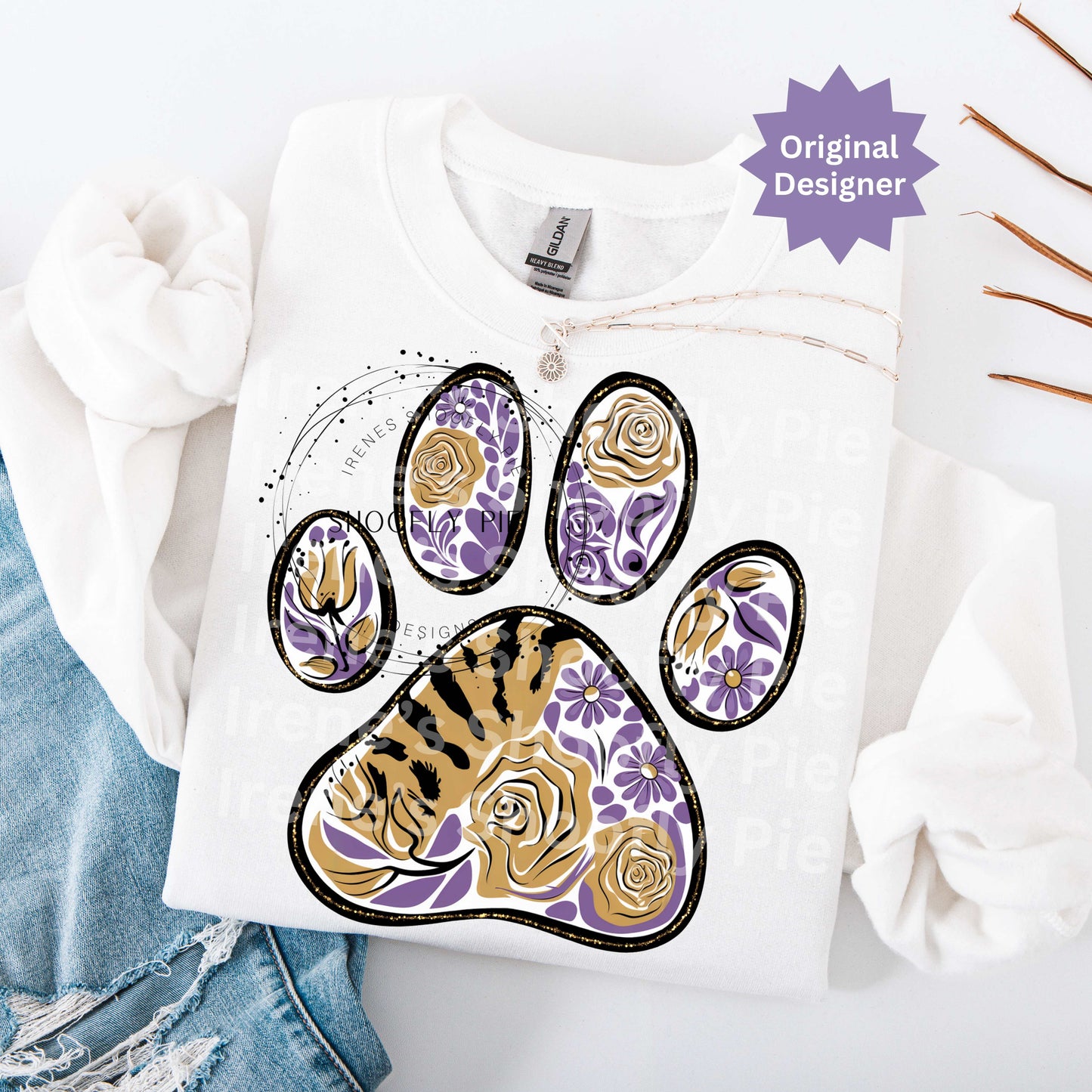 Tiger Paw Purple and Gold PNG, Floral Tiger Paw, Team Mascot Tiger Design
