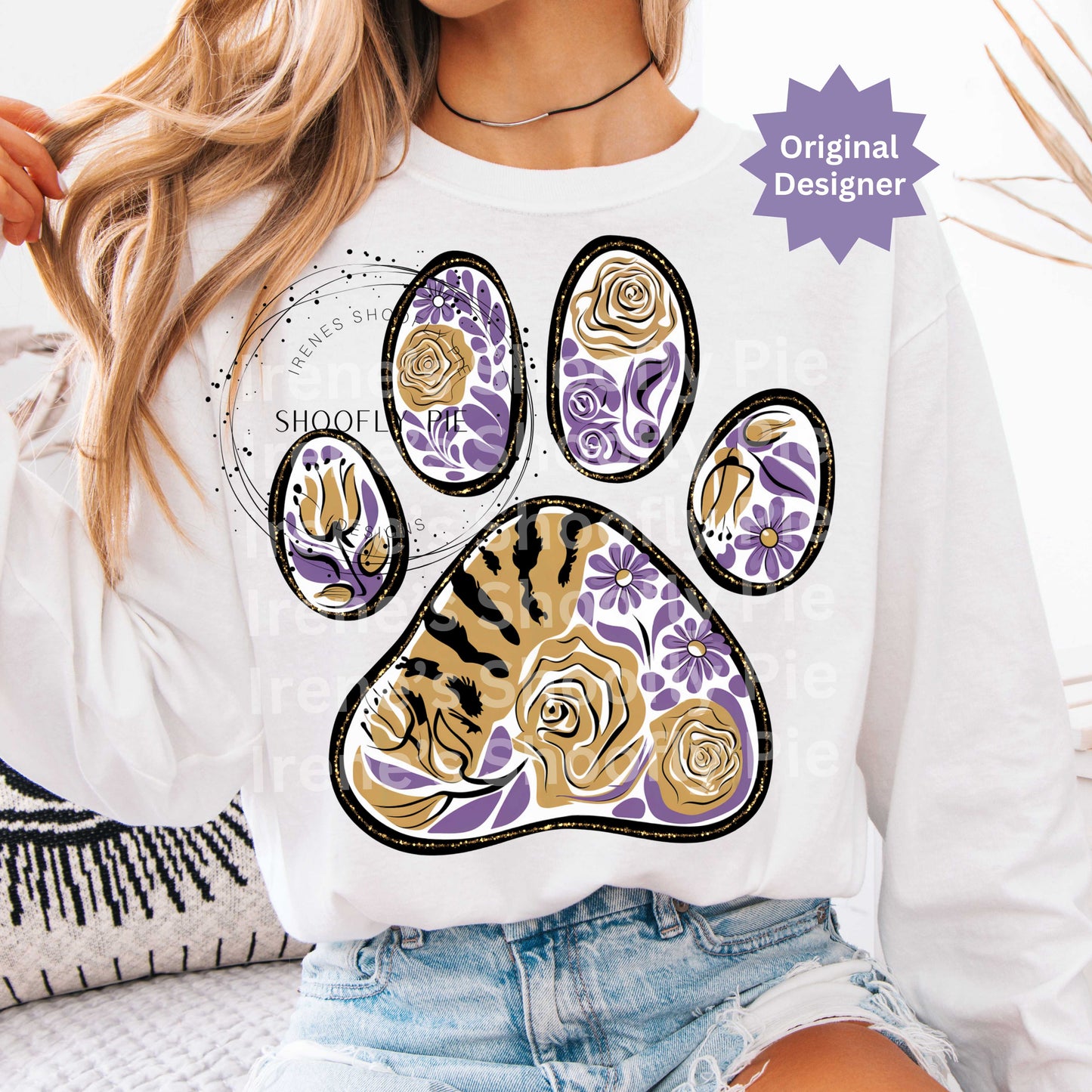 Tiger Paw Purple and Gold PNG, Floral Tiger Paw, Team Mascot Tiger Design