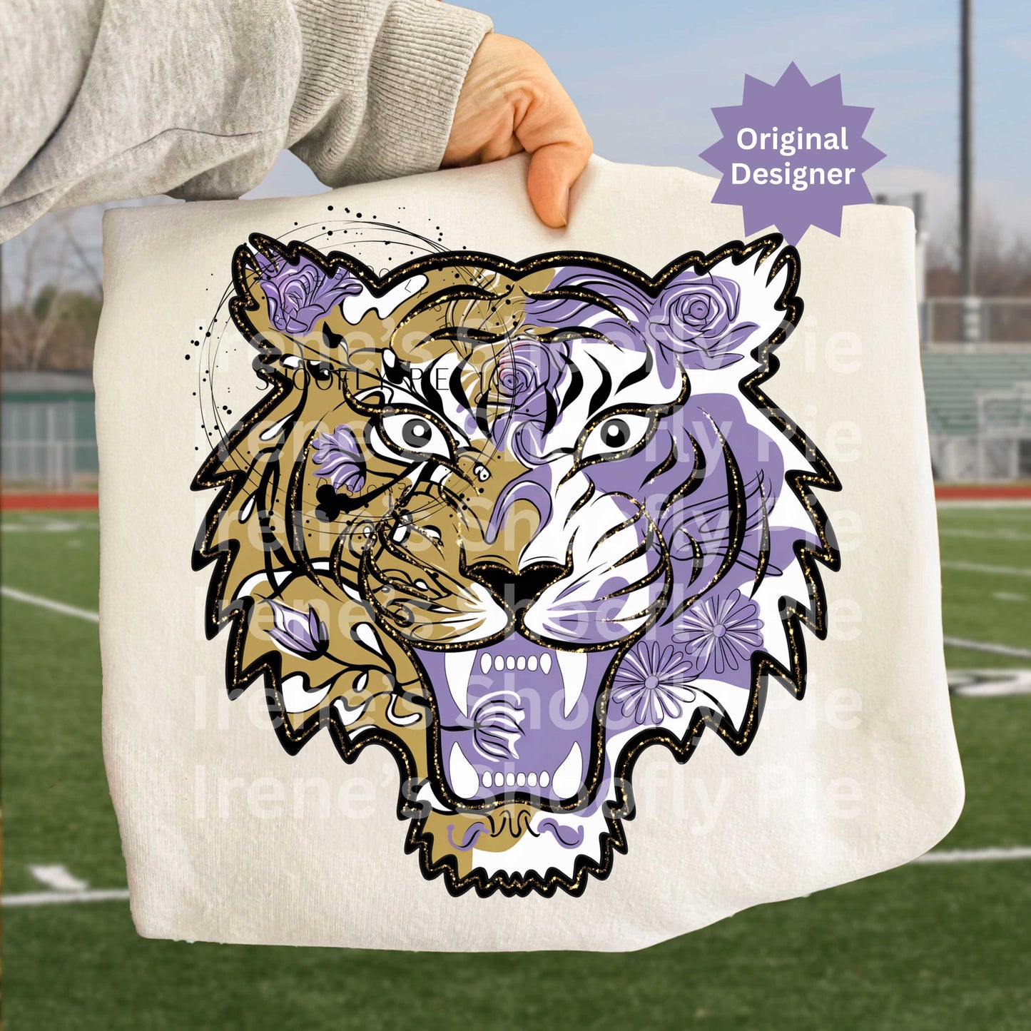 Tiger Mascot Purple and Gold PNG, Floral Tiger PNG, School Mascot PNG
