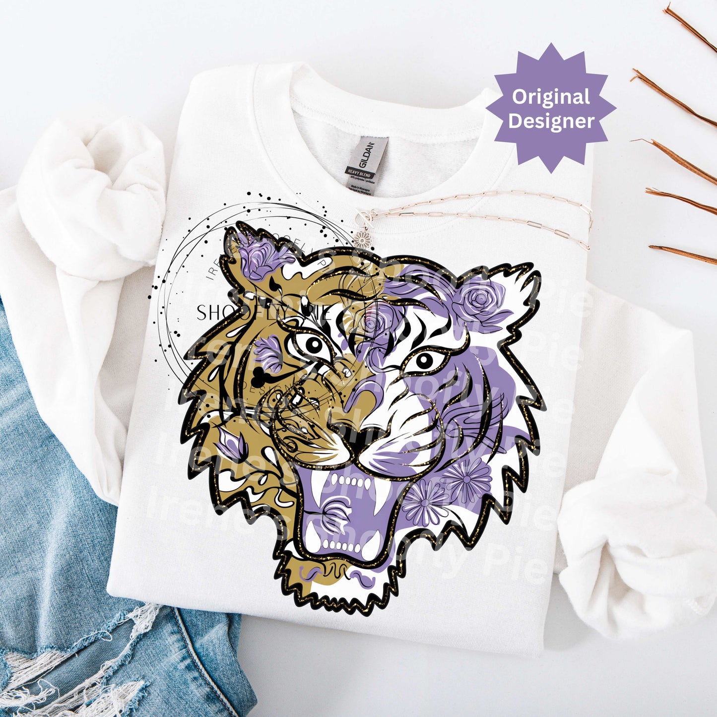 Tiger Mascot Purple and Gold PNG, Floral Tiger PNG, School Mascot PNG