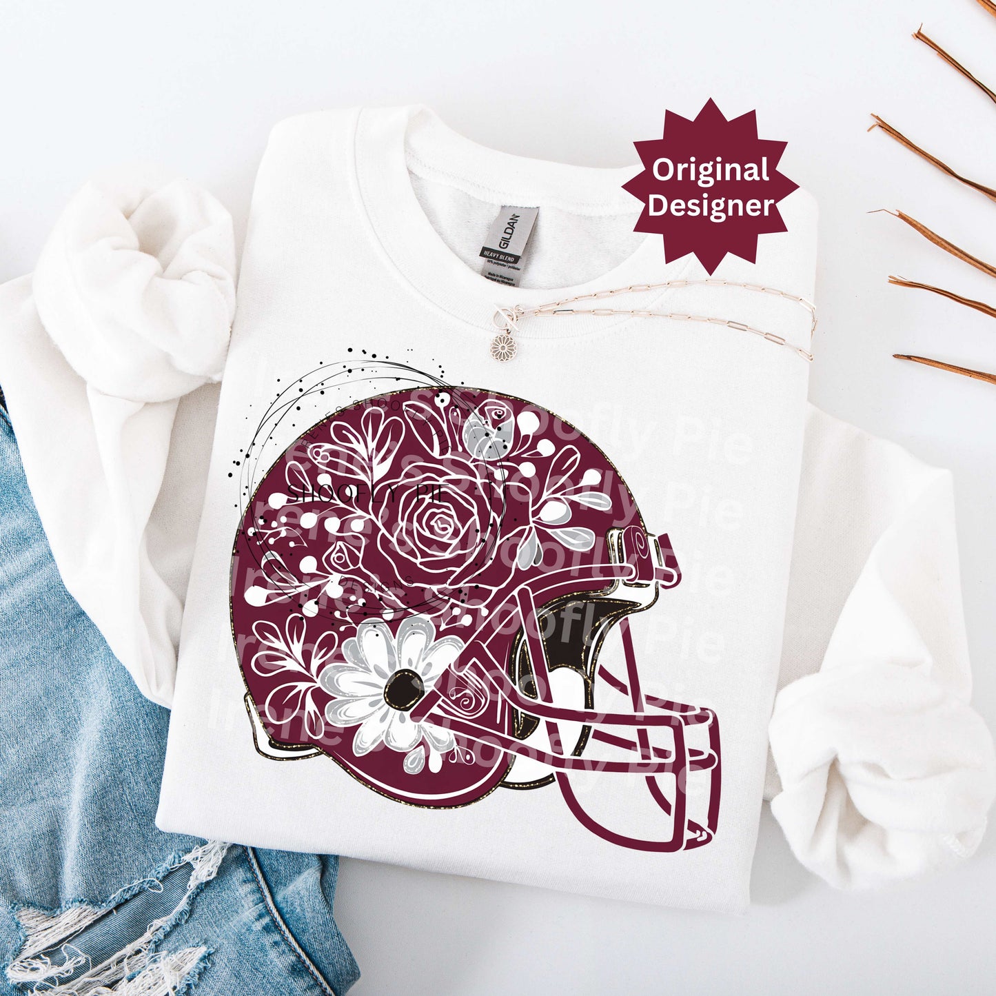 Football Helmet Maroon and White Floral PNG